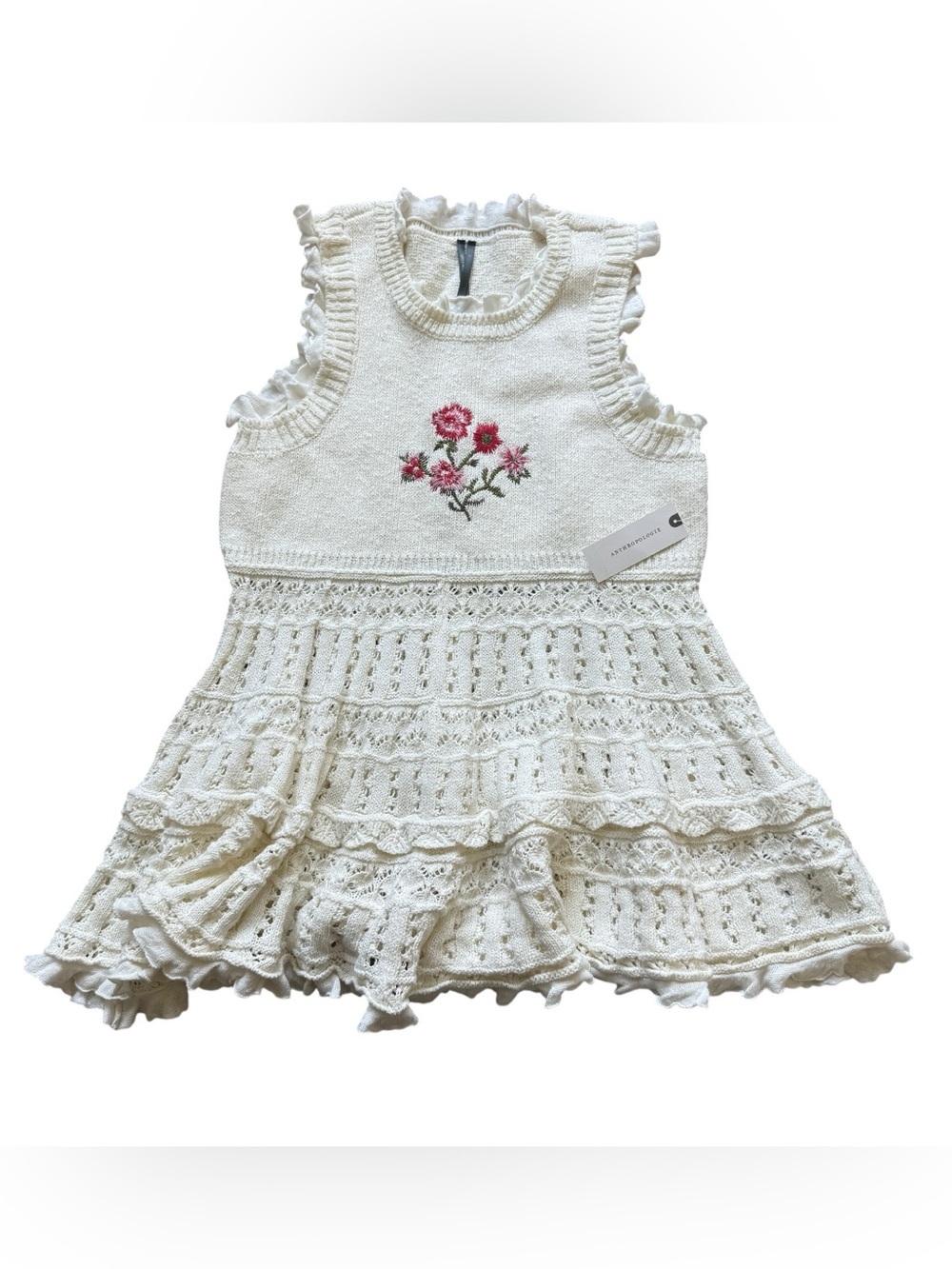 Anthropologie Ivory Ruffle Knit Tank Top Floral Embroidered Tiered Sweater S NWT